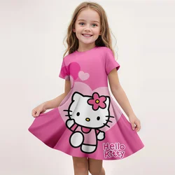 MINISO New Summer Dress Fashion Cartoon Cute Hellokitty 3D Print Dresses Kids Short Sleeve Princess Girls Party Children Clothes