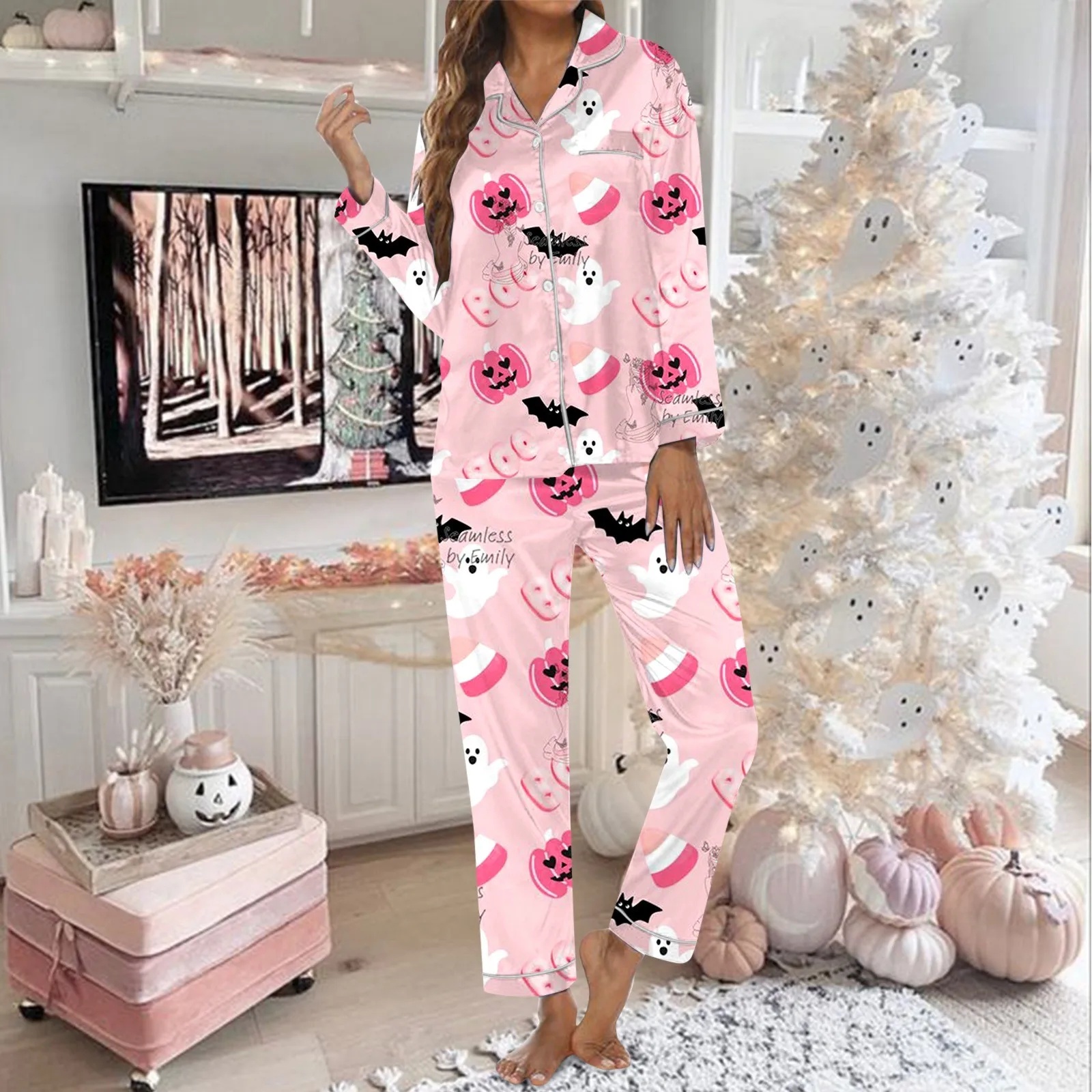 Women Halloween Satin Pajama Set Ghost Pumpkin Print Long Sleeve Button Closure Top with Pants 2 Pieces Sleepwear Loungewear