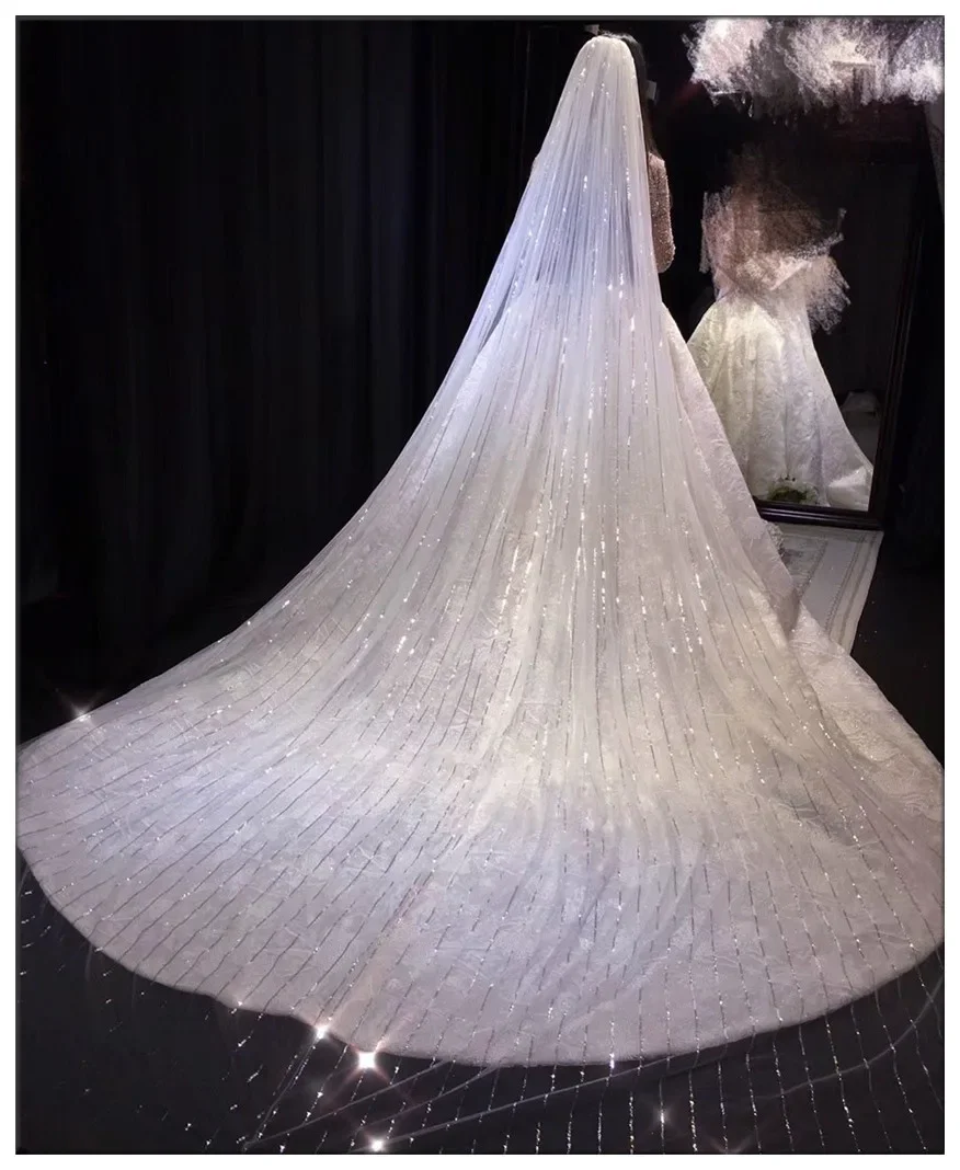 

Custom Gorgeous sequins 3.5 m 4 m long wedding veil 1 layer church veil with comb wedding accessories velos de novia largos