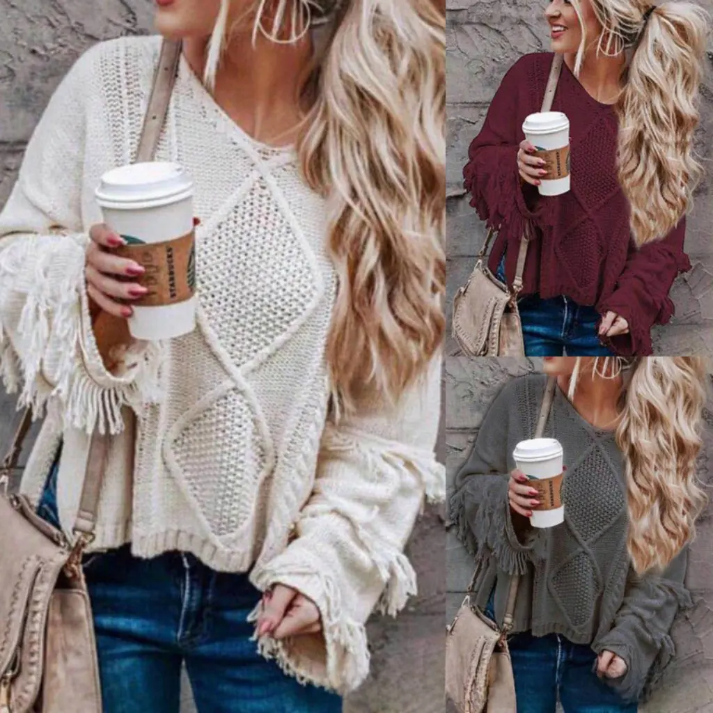 

Women's Hipster Pullover Sweater Autumn Winter Tassel Design Off-Shoulder Long Sleeve Streetwear European American Style