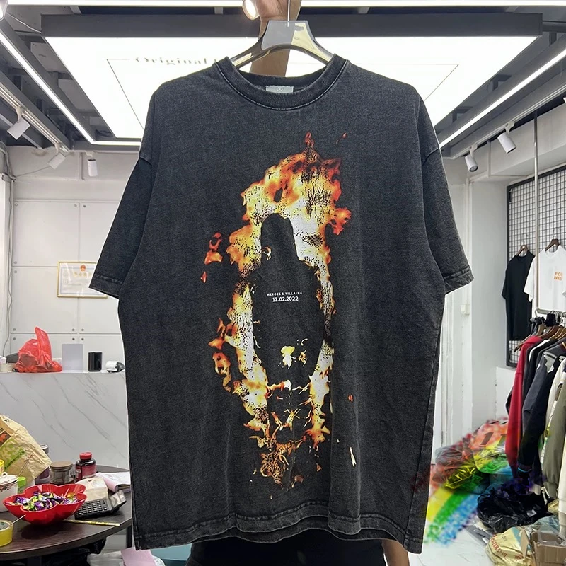 

Flame Printed Retro Wash Short Sleeve T Shirt Men Women Vintage Tee Tops T-Shirt