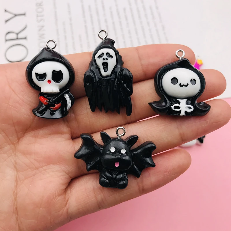 10pcs Resin Flatback New Halloween Skull Charm Ghost Pendant for Keychain, Earring, Scrapbooking, Jewelry Making, Necklace