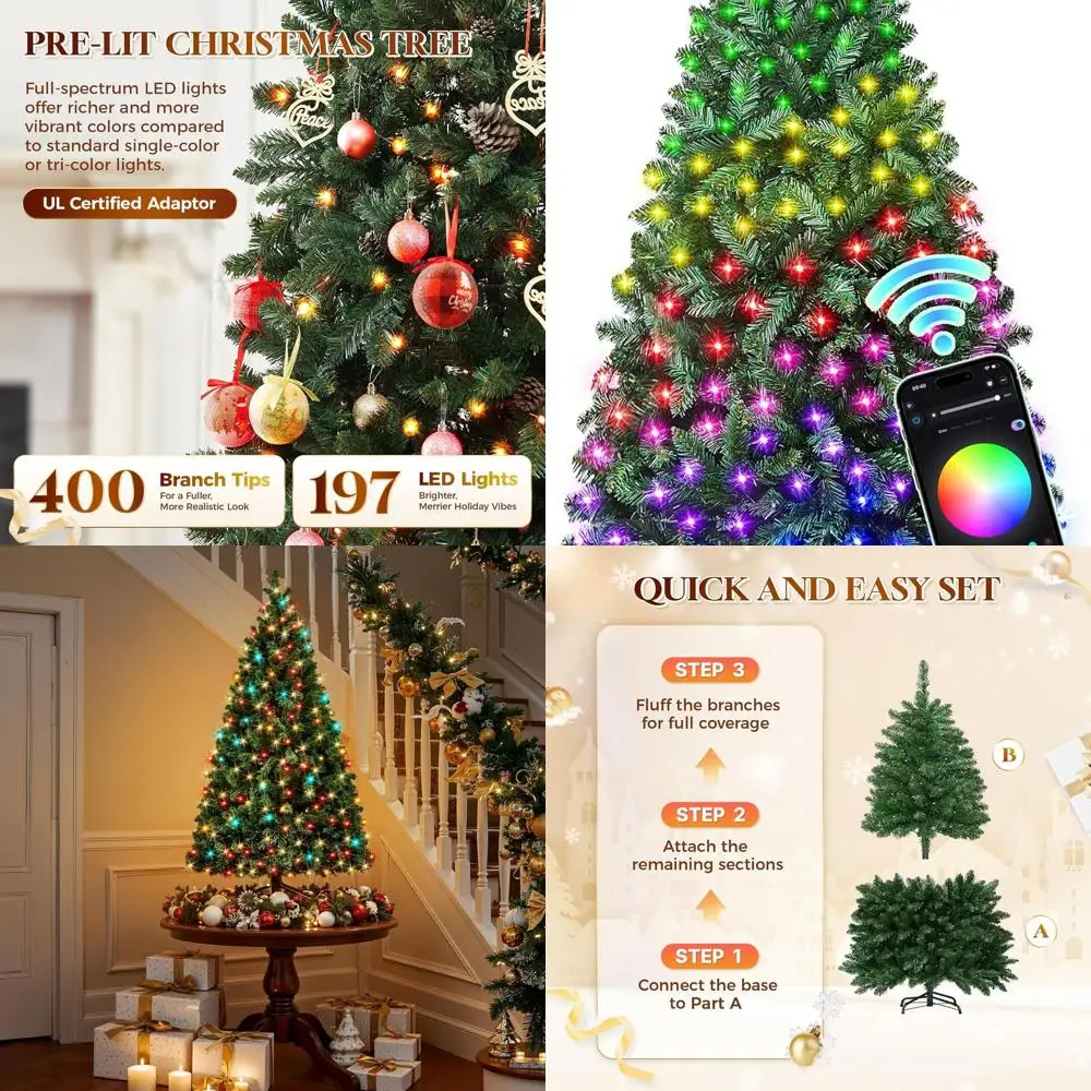 

4.5ft Pre-lit Christmas Tree with 197 LEDs, RGBW Multi-Color Lights, 400 Tips, Metal Stand, Easy Assembly for Home & Party