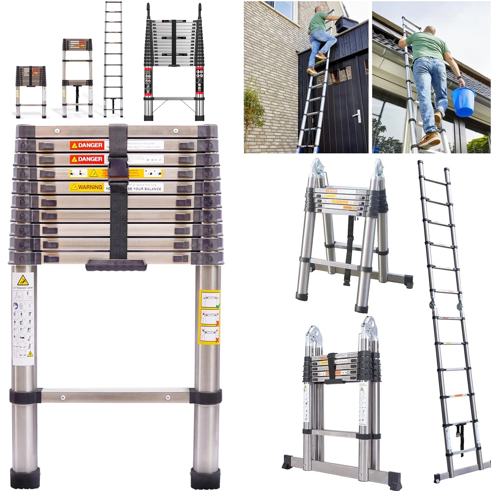 Teleskopleiter 2,6M, 3,2M, 3,8M, 4,4M, 5M, 1,9+1,9M, 2,5+2,5M aus Edelstahl, klappbare Teleskop-Stufenleiter – Mehrzweckleiter 8,5FT / 10,5FT / 12,5FT / 14,4FT / 16,4FT / 6,2+6,2FT / 8,2+8,2FT,