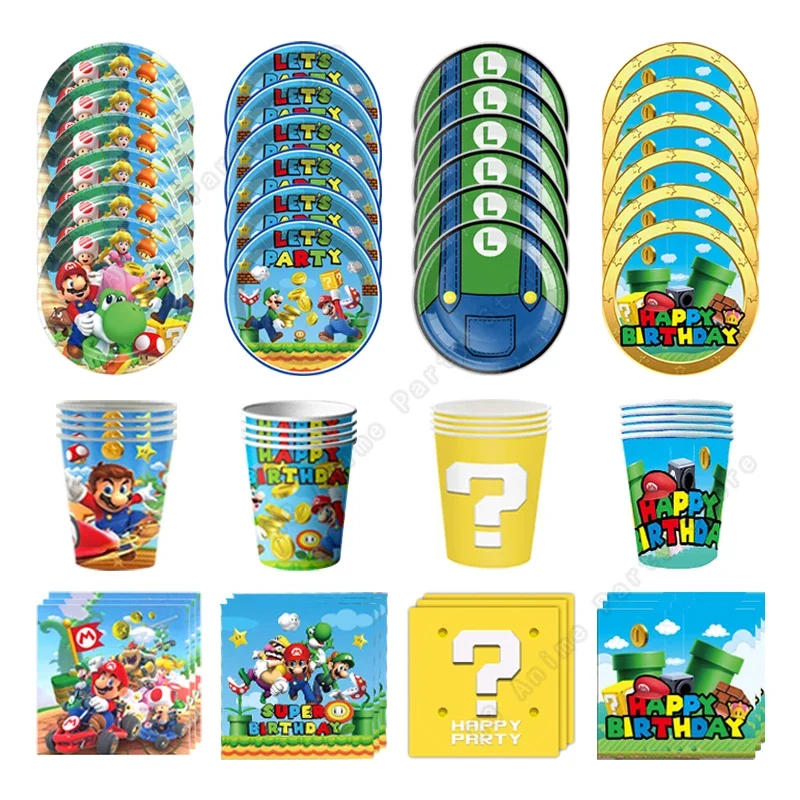 Kit de Vaisselle Jetable Super Mario Bros pour Fête d'Anniversaire : Nappe, Gobelets, Assiettes, Serviettes et Sacs