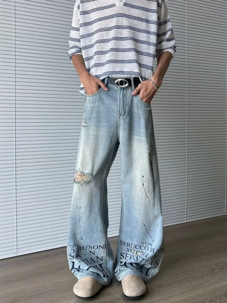 Trashy Y2K 2000S Brief Gedruckt Gewaschen Blau Baggy Zerrissene Jeans Hosen Für Männer 90S Vintage Kleidung Denim Hosen Pantalon hombre – Detail 4