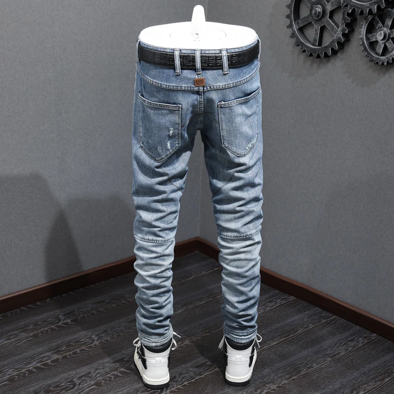 Light Blue Y2K Men's Jeans Multi-Pocket Zipper Decoration Elastic Waist High Waist Washable Nostalgic Designer Style