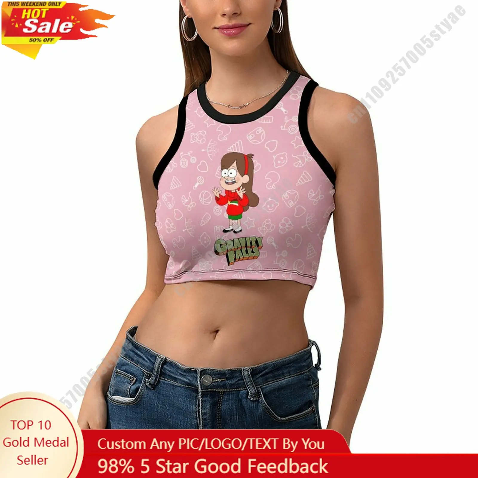 

Mabel Pines Vest Disney Pattern Custom Photo Text Crop Tank Racerback Vest Personalized Graphic Sleeveless Crop Top