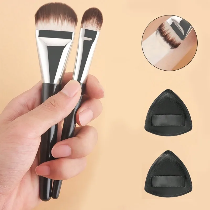 Professional Foundation Brush Set with 2PCS Powder Puff Brown Head Liquid Foundation Shadow Concealer Brushes Women Makeup Tools