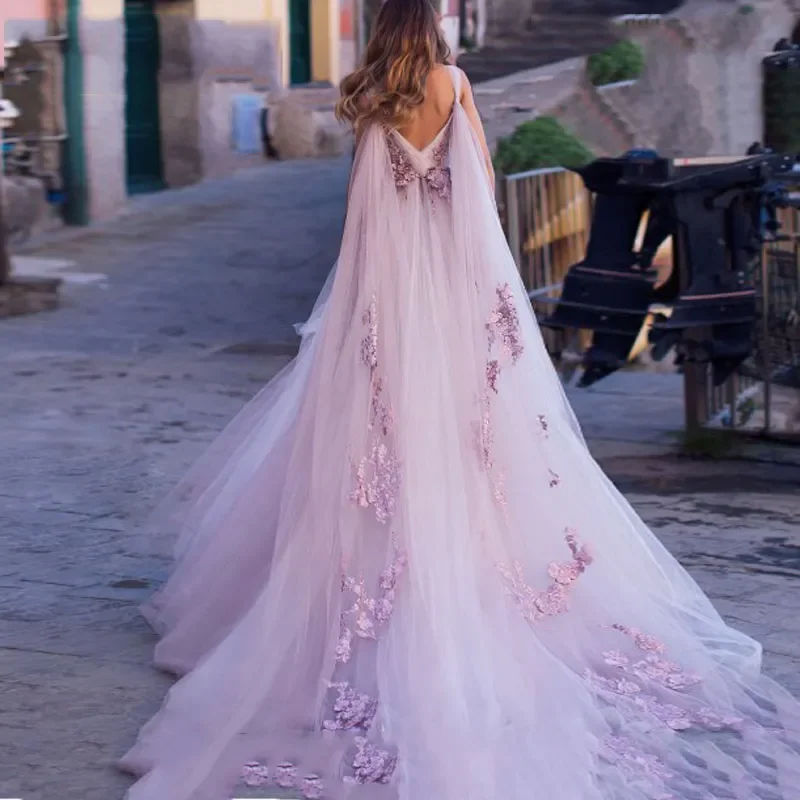 Vestido de novia de princesa con flores 3D, sin mangas, apliques de encaje, tul, ilusión rosa, Turquía, 2024