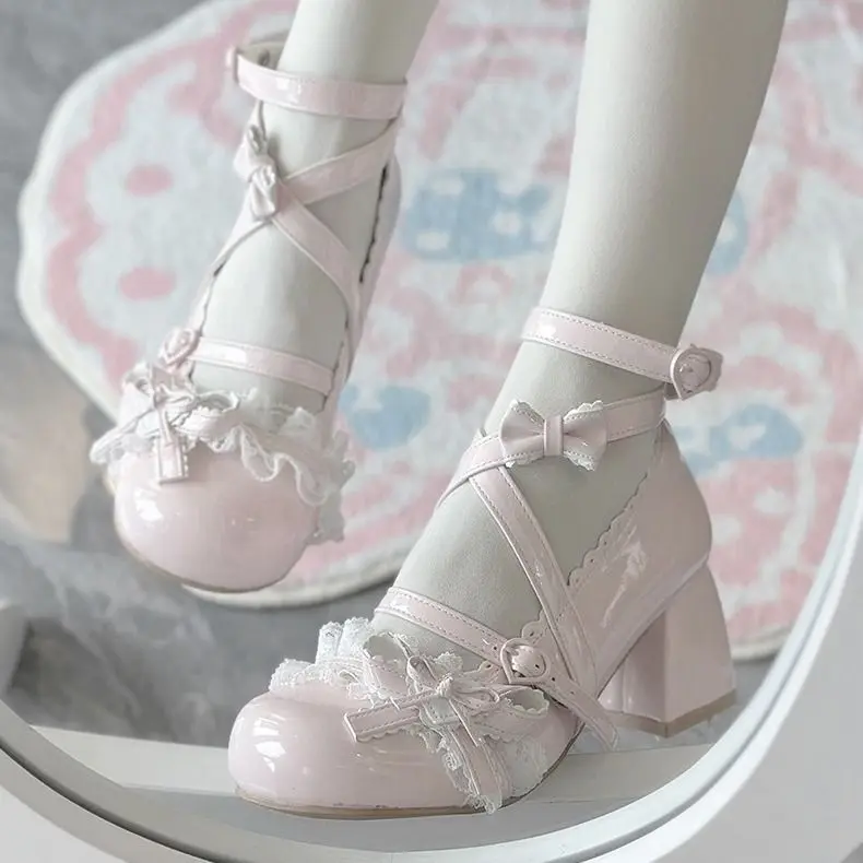 Zapatos Lolita Mary Jane, nuevos zapatos de tacón alto con bonito lazo para mujer, zapatos individuales de tacón de princesa, zapatos de tacón de cuero para primavera y otoño