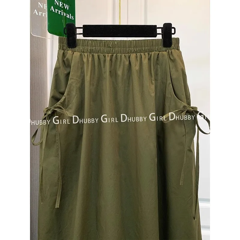 Summer Army Creen Skirts Womens 2023 New Vintage Skirt Elastic Casual Midi Skirt Women Clothes Jupe