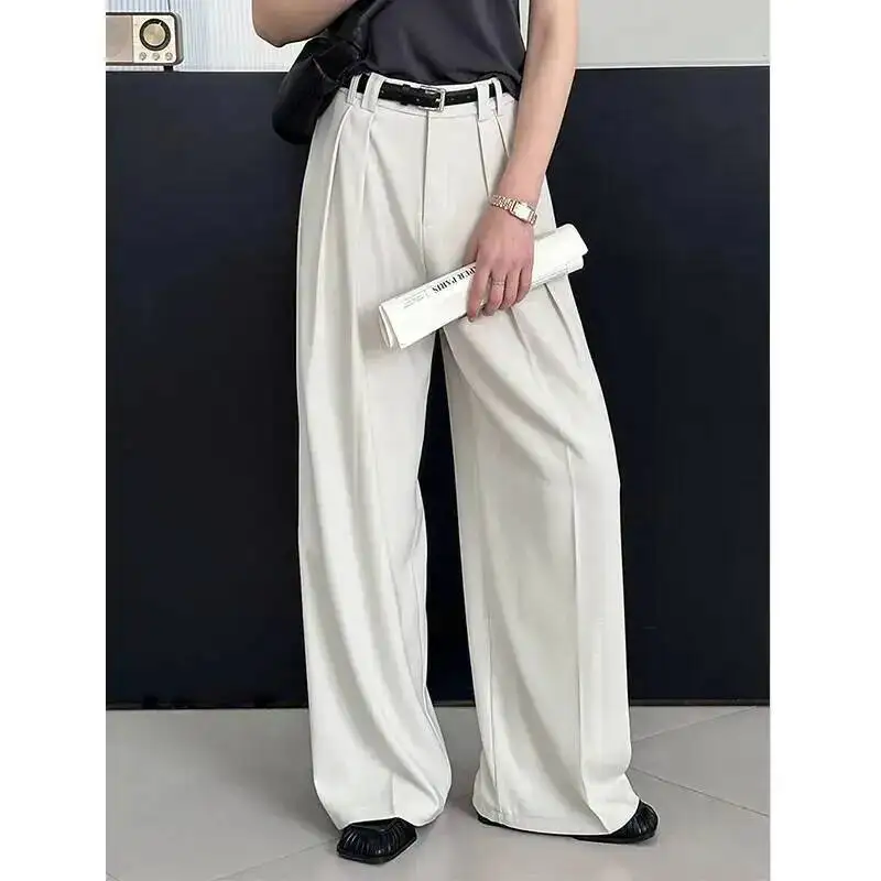

Spring Women Loose Suit Pants High Waist Pleated Loose Straight Casual Pants With Belt