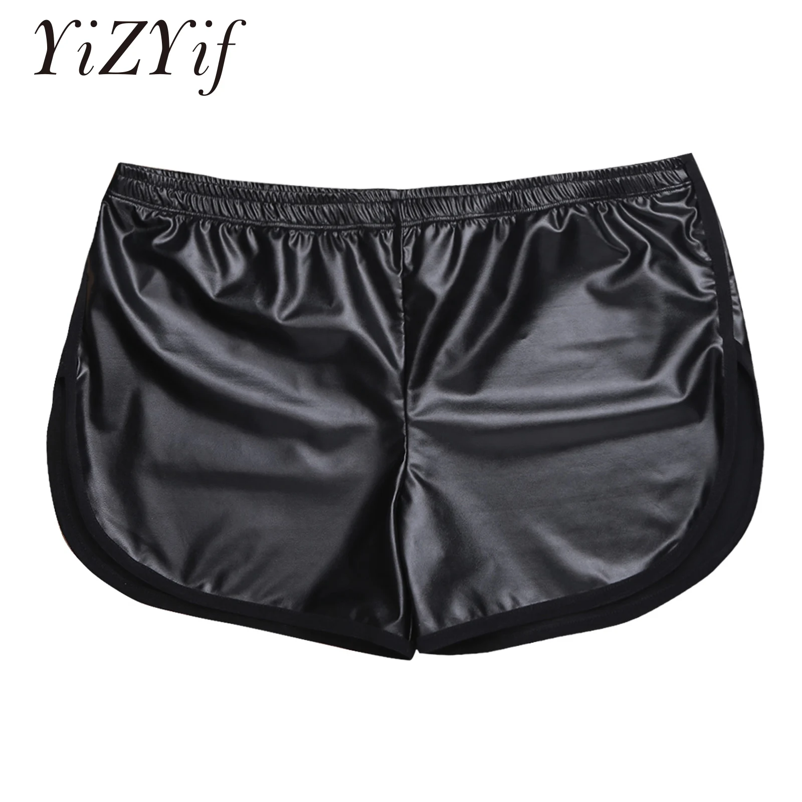 YiZYiF Shiny Shorts Men Boxers Shorts Faux Leather Sport Hot Boxer Fitness Short Pants Back Pocket Gyms Men Shorts men clothes