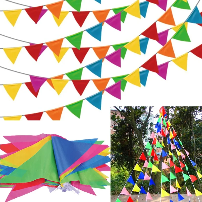 Bandeiras triangulares multicoloridas, bandeiras triangulares, tecido de nylon, decoração de festa ao ar livre