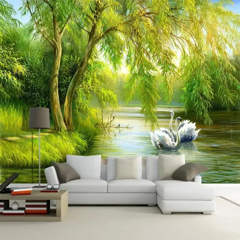 Wallpaper Mural khusus 3D hutan angsa danau alam pemandangan foto kertas dinding ruang tamu TV latar belakang Sofa dinding dekorasi rumah