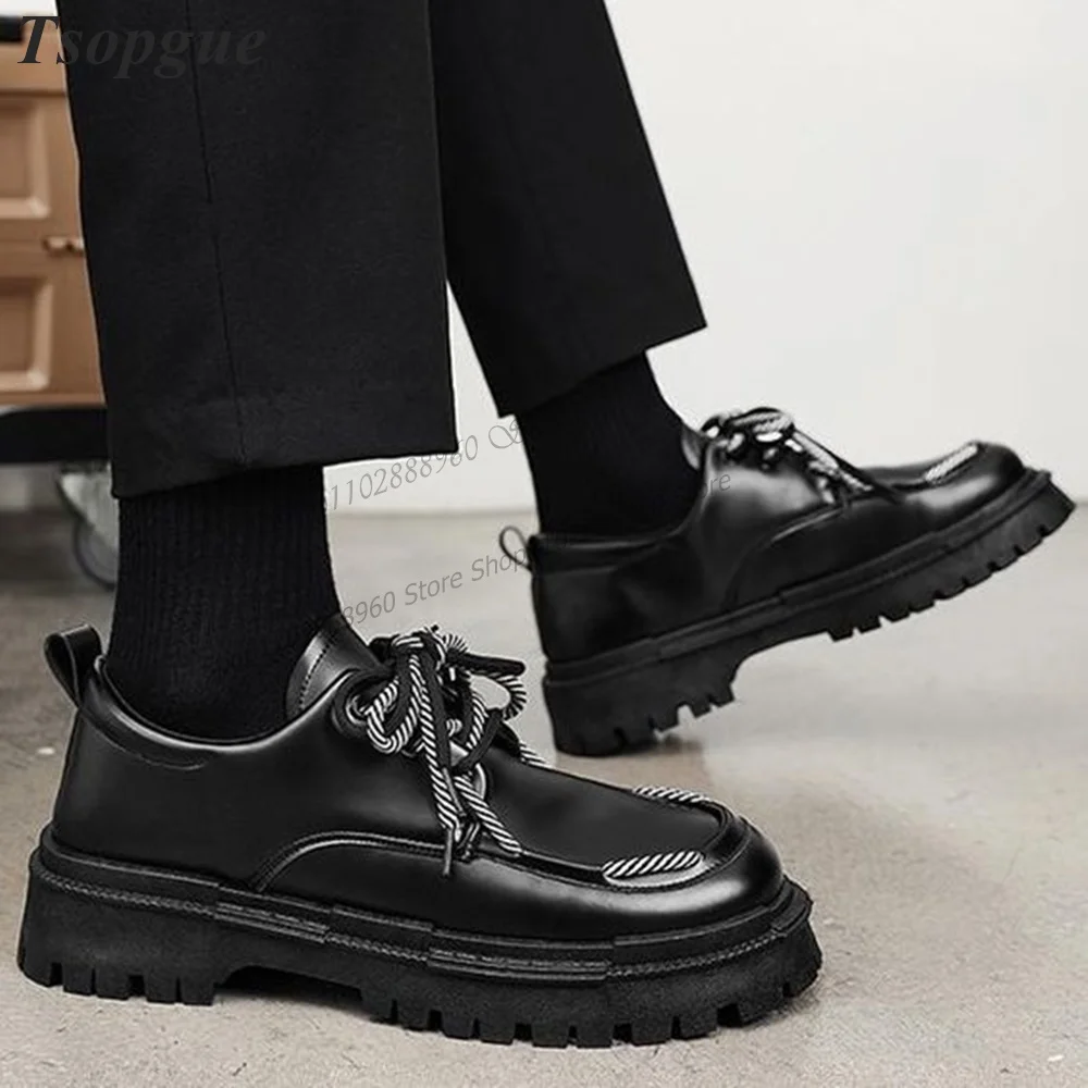 

Cross-Tied Thick-Soled Black Leather String Decor Men's Pumps Men Shoes Runway Casual Party Shoes 2023 Fashion Zapatillas Muje