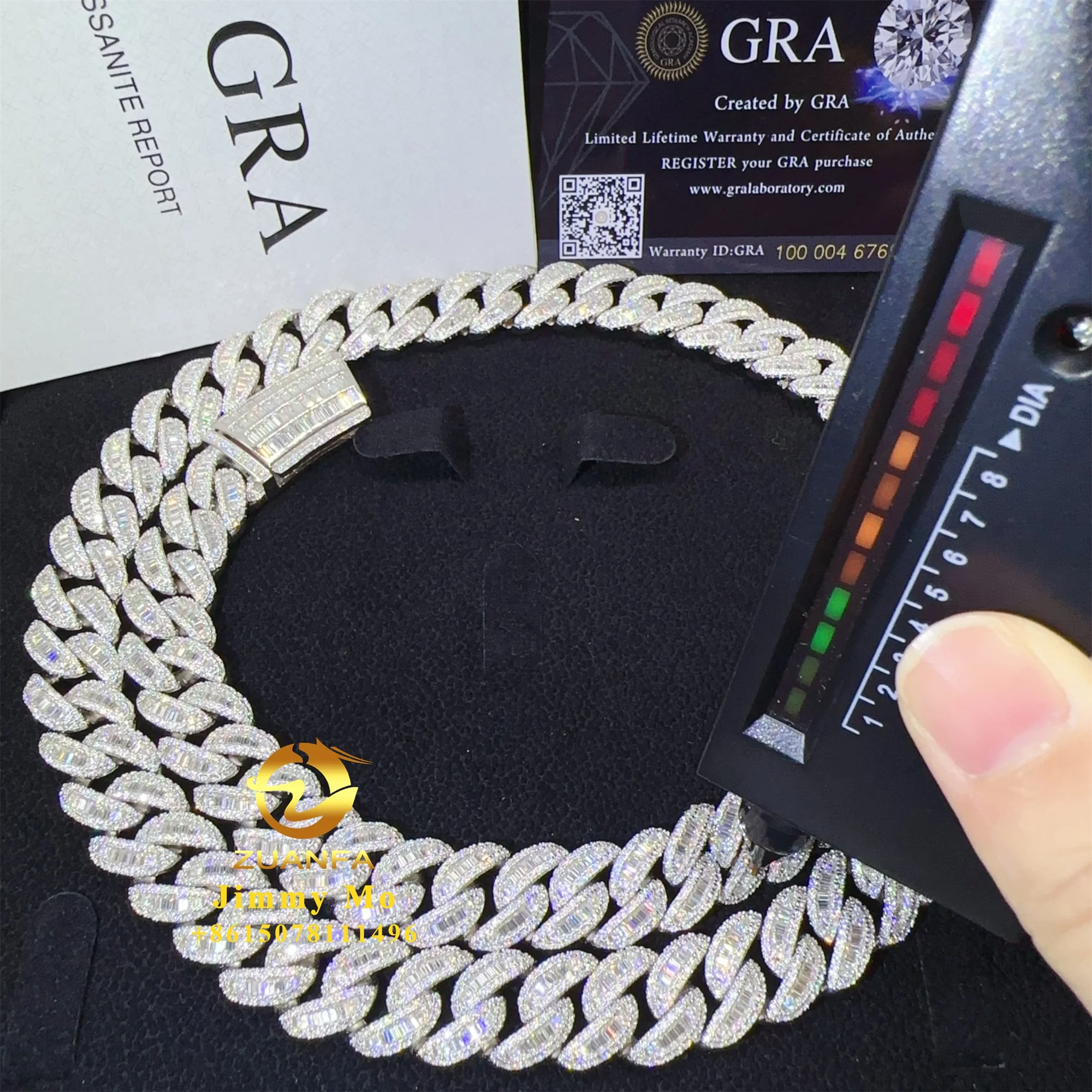 New Luxury Arrivals Unique Design 925 Solid Silver 14mm Iced Out Hip Hop VVS1 Baguette Moissanite Diamond Cuban Link Chain.