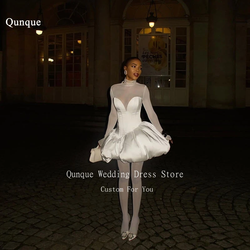

Qunque Classical Wedding Party Dress Sweetheart White Satin Short Vestidos Para Mujer Long Sleeves Robe De mariée Customized