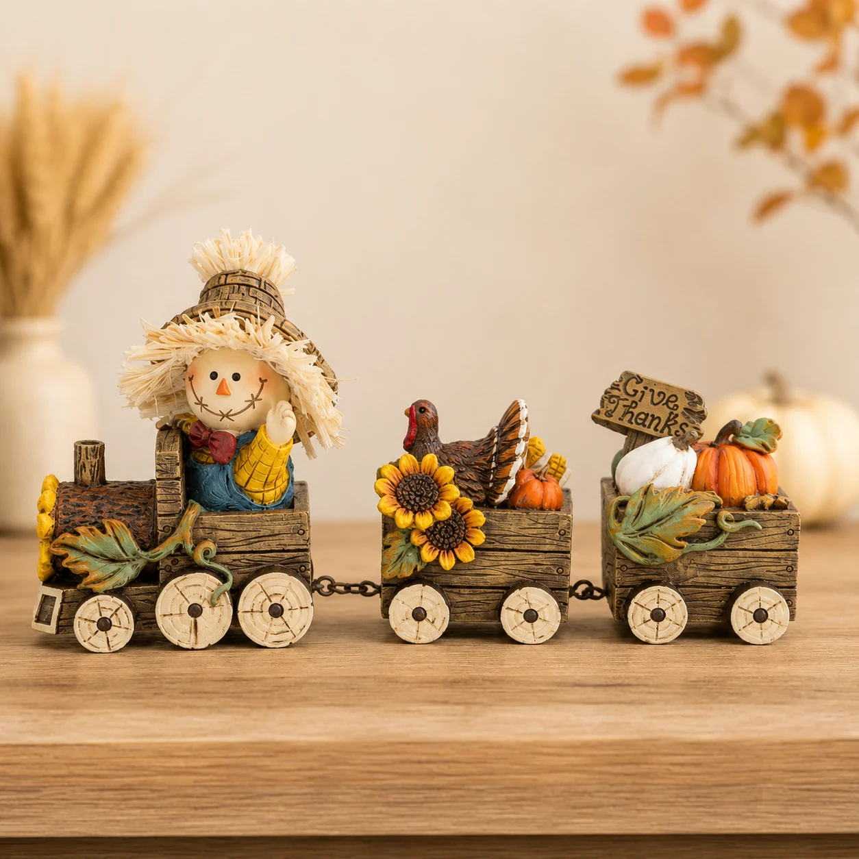 Hodao Scarecrow Resin Fall Harvest Train Figurine, Locomotive with Turkey Pumpkin Sunflower Wagons, Thanksgiving Tabletop Decoration, Rustic Autumn Farmhouse Shelf Sitter Ornament for Mantel, Home, Patio and Seasonal Holiday Display