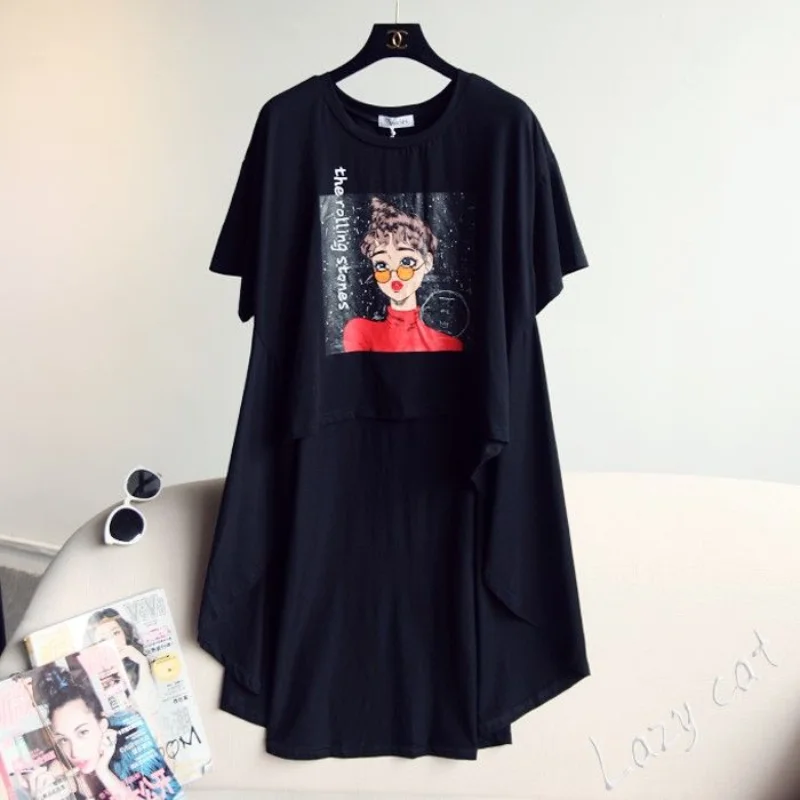 Street Casual Asymmetrical Loose Tops Summer New Printing Short Sleeve Solid Color Vintage T Shirts Fashion Trend Women Clothing