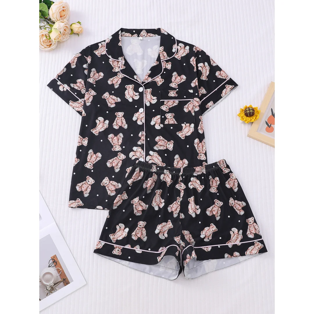 Teddy Bear Themed Pajamas Black with Animals Print Lapel Short Sleeve Shorts Home Wear Set Valentine's Day Gifts for Women