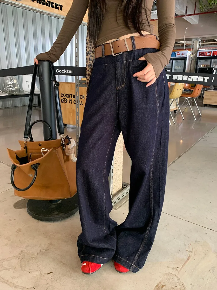 بنطلون جينز واسع الساق بخصر مرتفع للنساء، أسلوب الشارع الأمريكي العصري، إصدار جديد للخريف، قصة مستقيمة