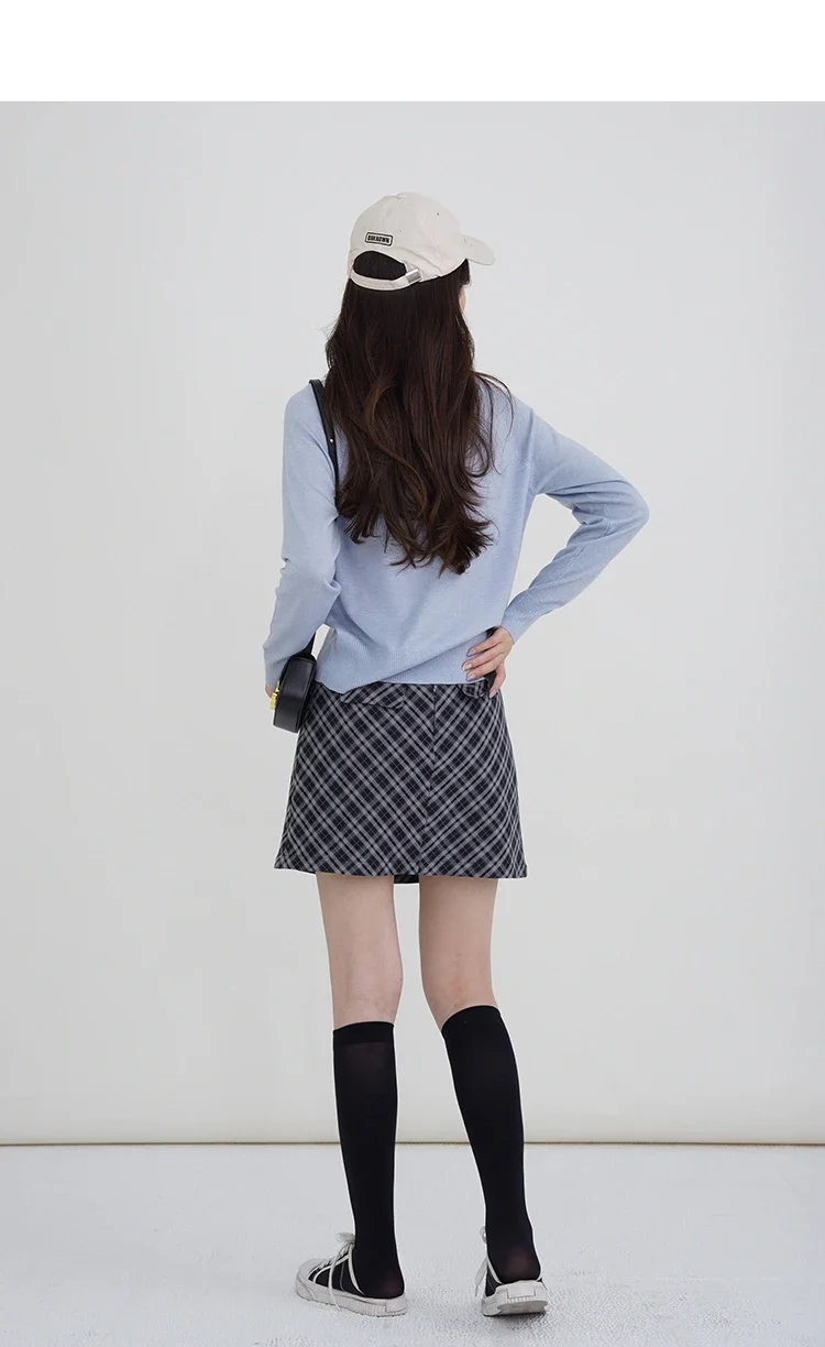 Jupe trapèze à carreaux Vintage pour femmes, Mini jupe plissée, Look Preppy mignon, coupe cintrée, Design à carreaux avec boucle en cuir contrastée