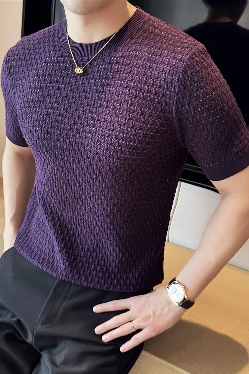 Summer Ice Silk Hollow Knitted T-shirts Men Round Neck Short Sleeve T-shirt Men\'s Elastic Round Neck Casual Business Tee Tops