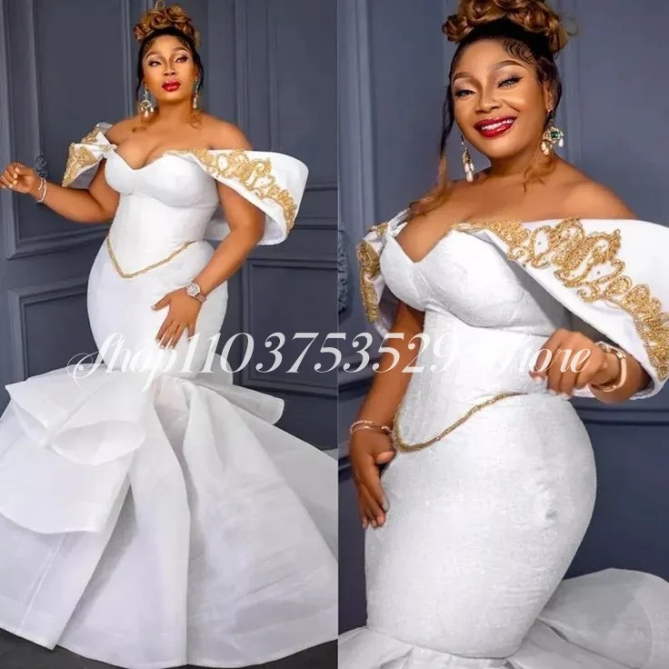 

Luxury African Mermaid Wedding Dress 2025 White Strapless Gold Applique Bust Ruffle Bridal Couture robe de mariée