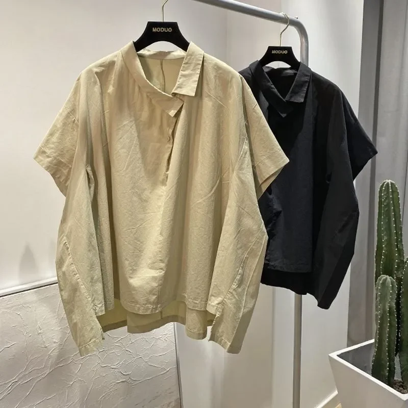 Camisa de manga corta con cuello inclinado Irregular para mujer, Top versátil holgado y adelgazante de verano