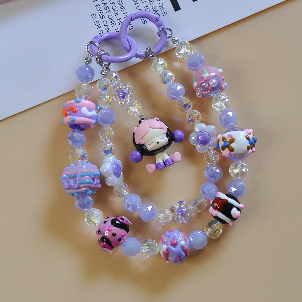 DIY Hand-drawn Beads Phone Chain Cartoon Bubble Mart Sitting Posture Keychains Backpack Accessories