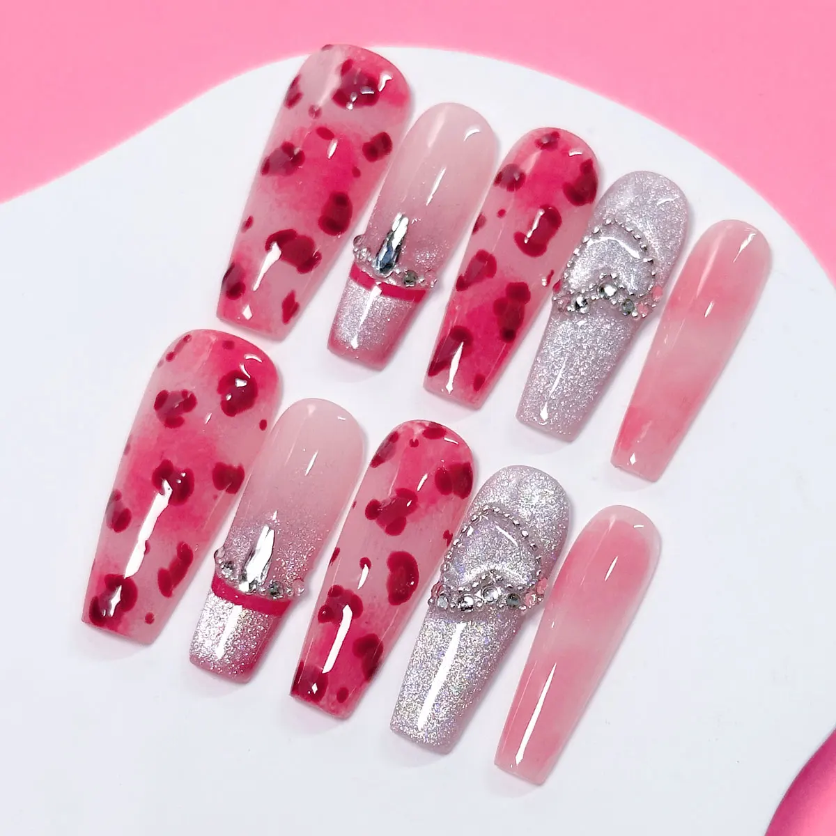 10pcs Handmade Press on Nails Long Coffin Shaped Nails, Pink Leopard Print Nail, Y2K Style Nails, Gradient Cat Eyes,