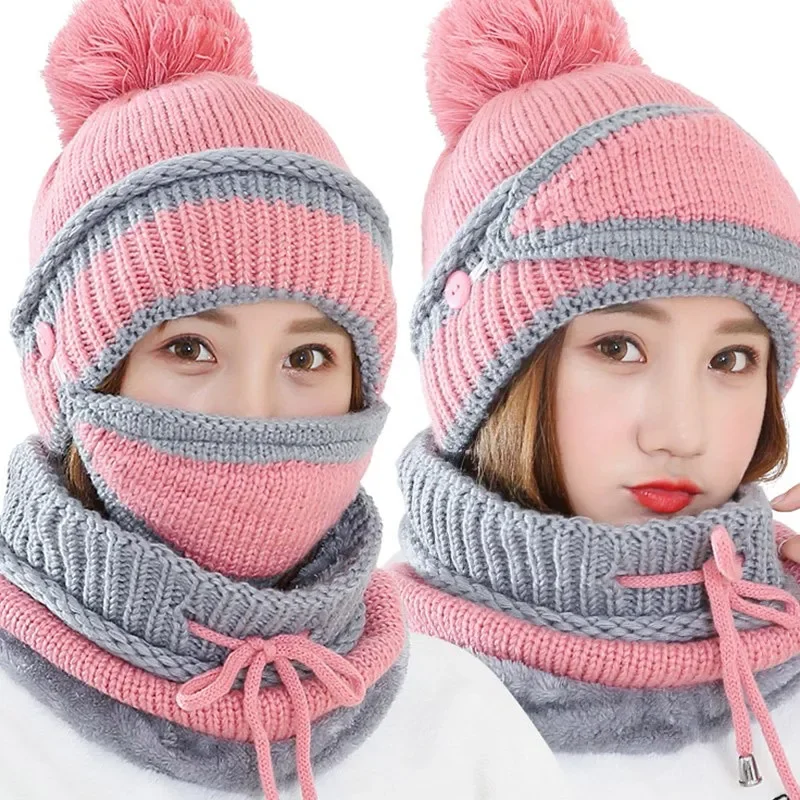 2024 Women's Winter Hat Mask Bib 3 Piece Set Velvet Thick Knitted Hat Warm Ear Protection Mixed Color Woolen Hat for Women Caps