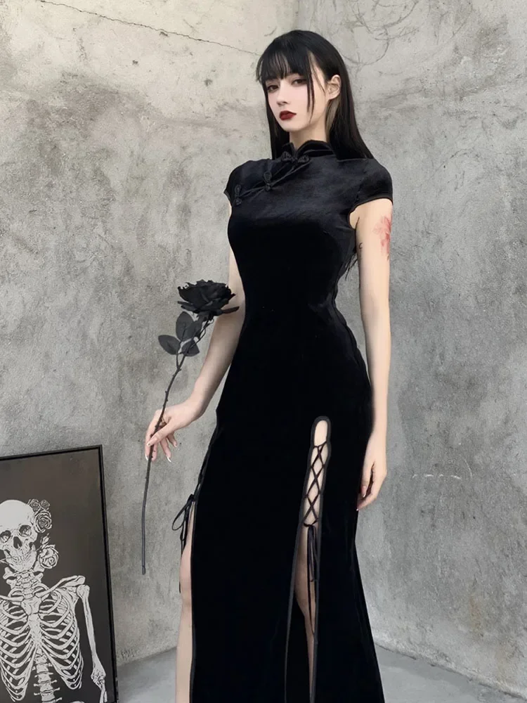 

Romantic Gothic Velvet Aesthetic Dresses Vintage Women Black Bandage SlitHem Bodycon Dress Sexy Evening Wear Cheongsam