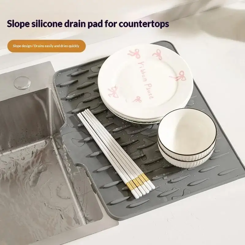 Food Safe Silicone Dish Drying Mat 1pc Non-Slip Sink Drain Pad for Kitchen Fruit Vegetable Draining Countertop Use