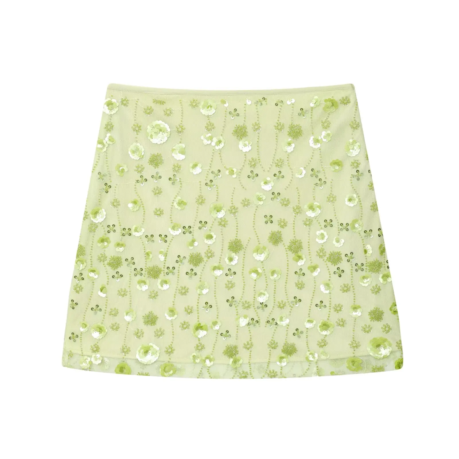 

TRAFZA Woman 2025 Mesh Semi-sheer Pearl Flower Decoration Short Skirt for Women Chic Fashion Mini Skirt Green Vacation Skirts