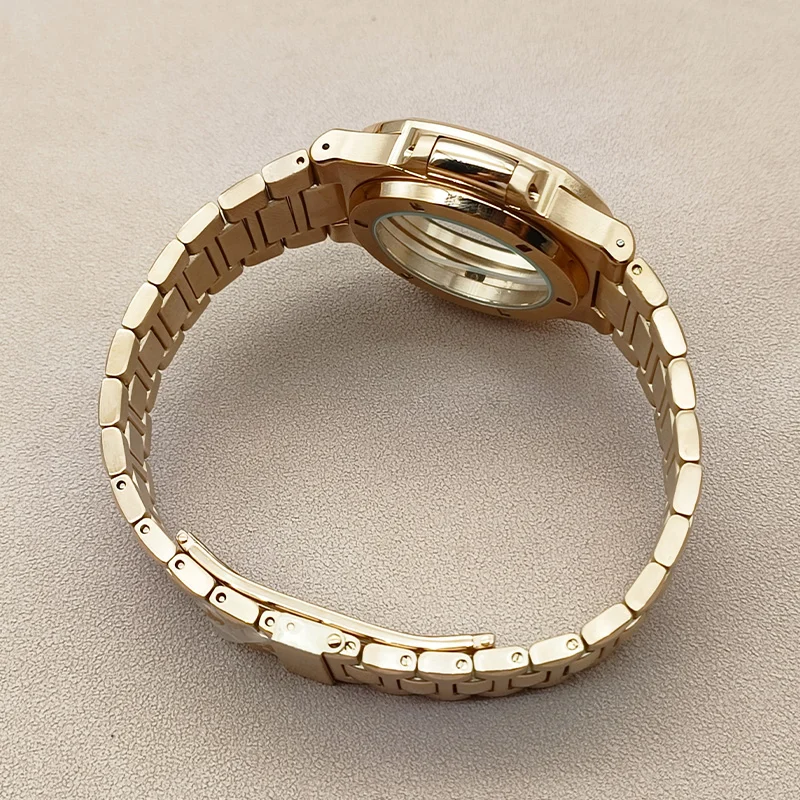 Różowe złoto Nautilus futerał na zegarek i pasek dopasowany do przezroczysty tył NH35 NH36 7S pokrowiec na zegarek do nurkowania 20ATM szafirowe męskie