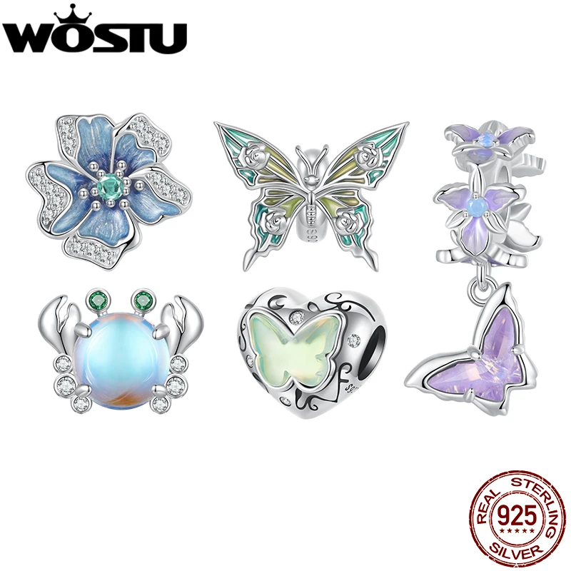 WOSTU 925 فضة ملون فراشة قلادة زهرة سيليكون الخرز قوس قزح كراب سحر صالح الأصلي سوار قلادة DIY بها بنفسك