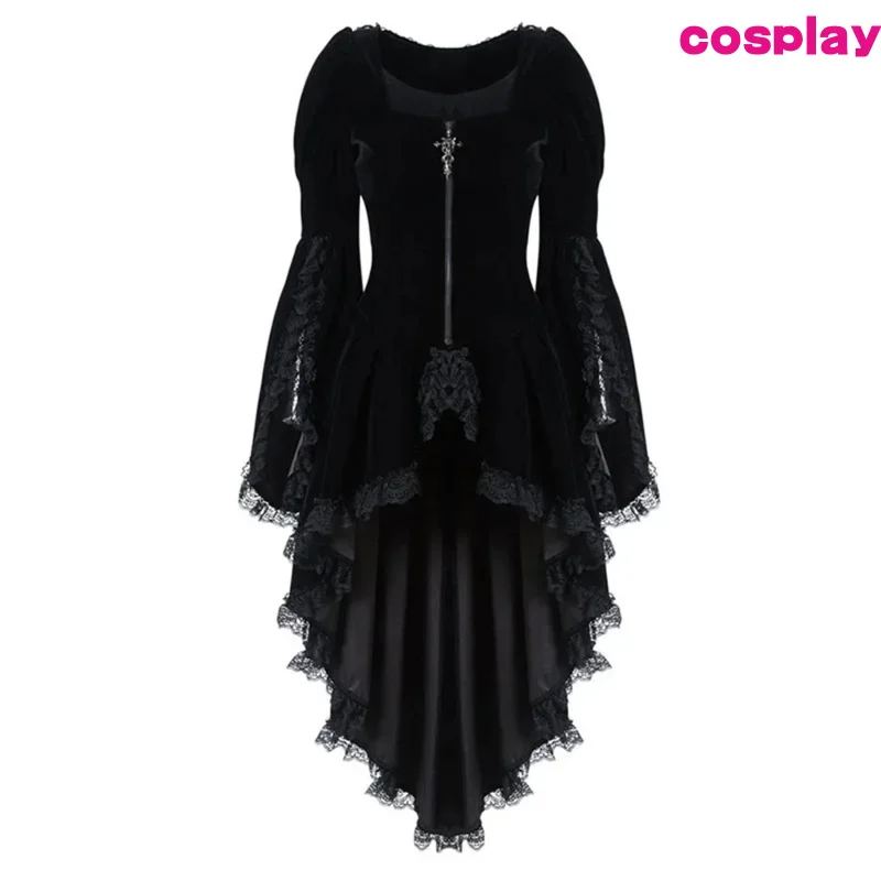 Women Gothic Long Sleeve Lace Stitching Velvet Tuxedo Jacket Medieval Aristocratic Ladies Vampire Dress Lolita Cosplay Costume D