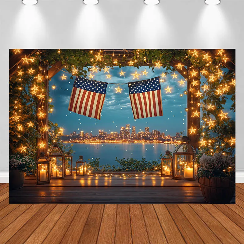 

LS Photography Background American-Style Star String Lights Stripes Flag Calm Lake Decor Adult Portrait Photo Backdrop Studio