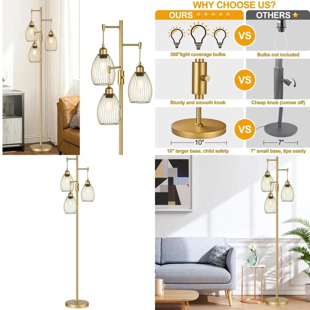 

Регулируемый напольный светильник в индустриальном стиле с золотым колпаком в форме капли и светодиодом 800 люмен для дома и офиса