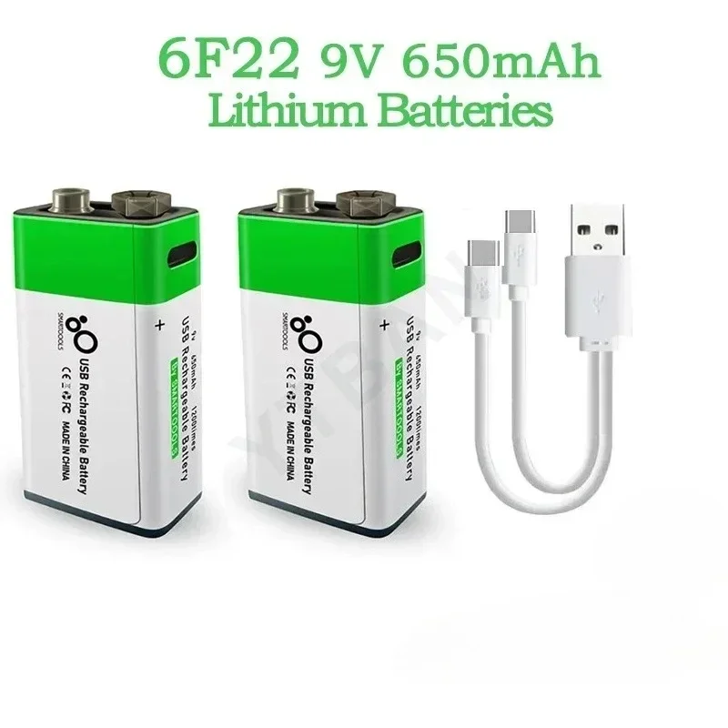 6F22 9V Li-ion 650mAh Battery Rechargeable Battery  for RC Helicopeter Model Multimeter Microphone +USB Type-C Charging Cable