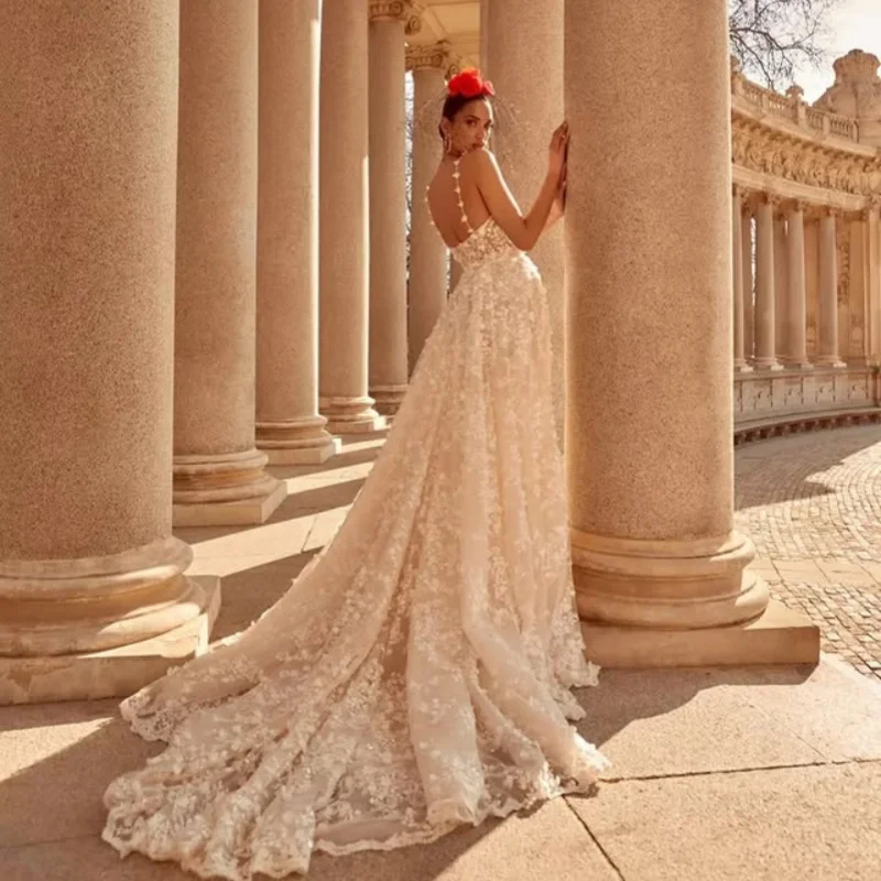 Ivory White Appliques Wedding Dresses Lace 3D Flower Decal puff skirt long tail fishtail Made wedding dress Bridal Gown