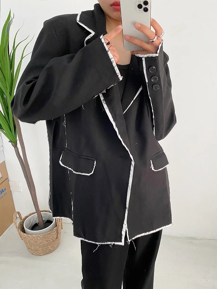 

Streetwear Style Women Black Color-block Burr Big Size Blazer Long Sleeve Loose Fit Jacket Fashion Spring 2023 Autumn New Y942