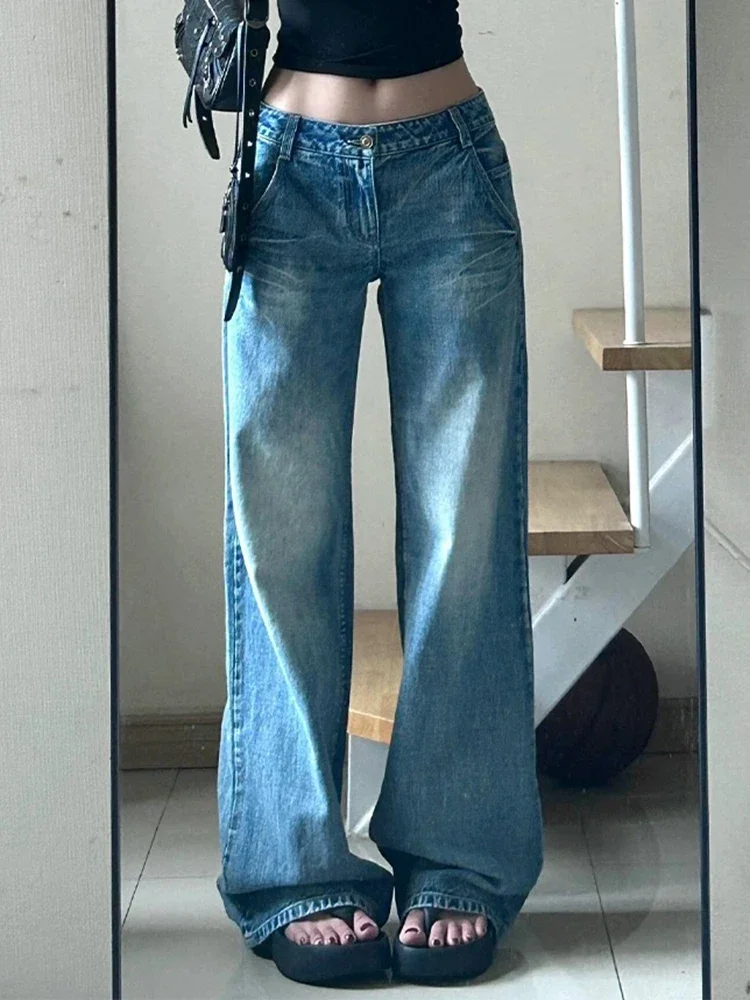 Neue Vintage Gewaschen Distressed Mode Weibliche Breite Bein Hosen Amerikanischen Grund Hohe Taille Lose Beiläufige Gerade Einfache Frauen Jeans