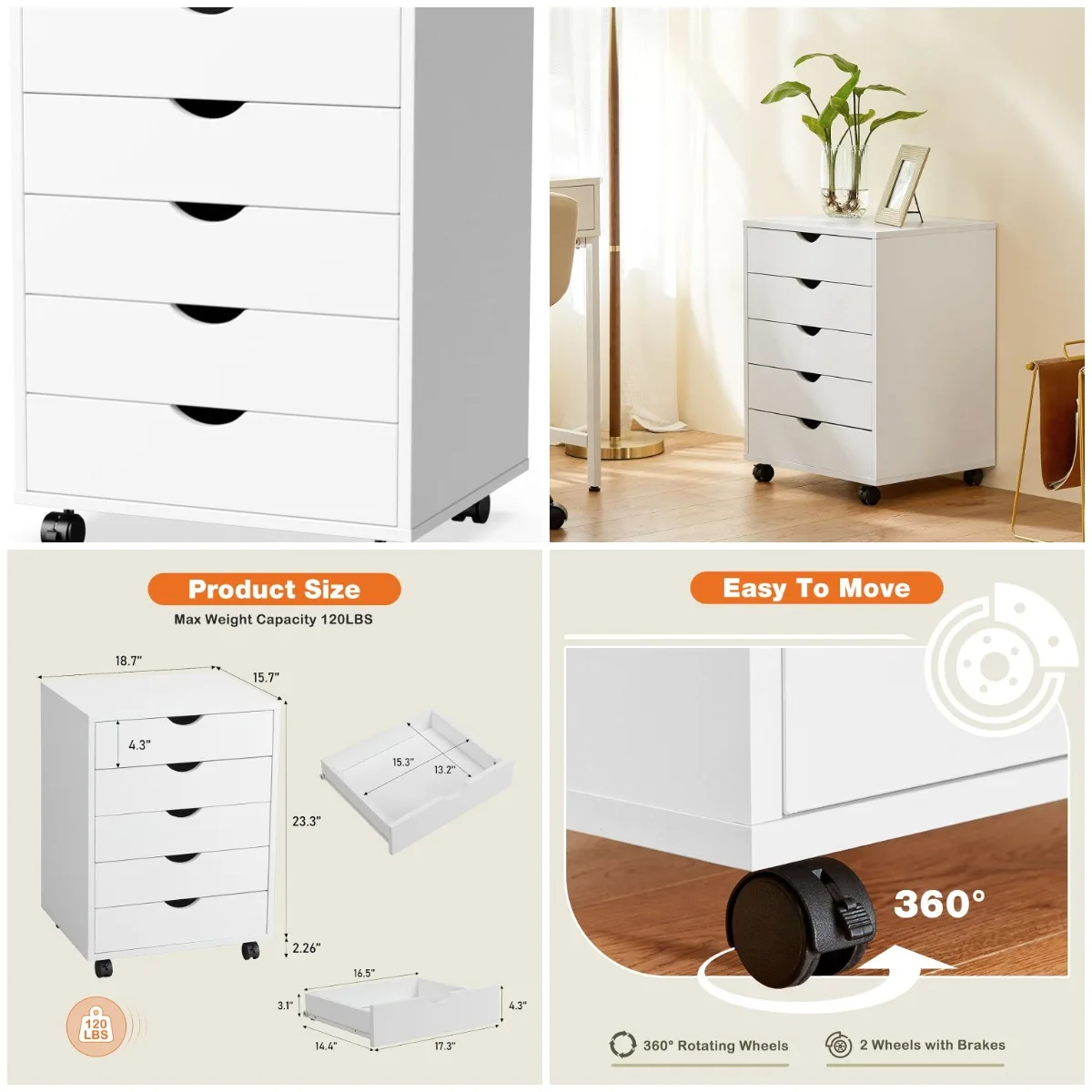

5-Drawer Chest, Wooden Storage Cabinet with Wheels, White Room Organizer for Home & Office