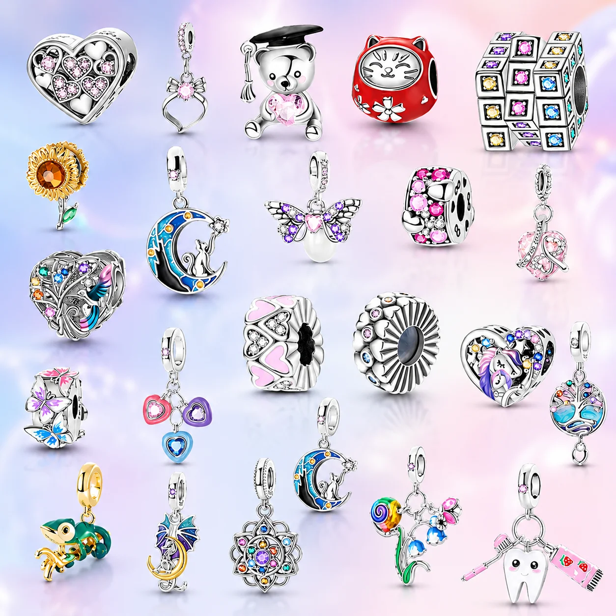 925 Sterling Silver Rainbow Colorful Cute Charms Graduation Bear Unicorn Flower Beads Fit Bracelets for Women Girls DIY Jewelry