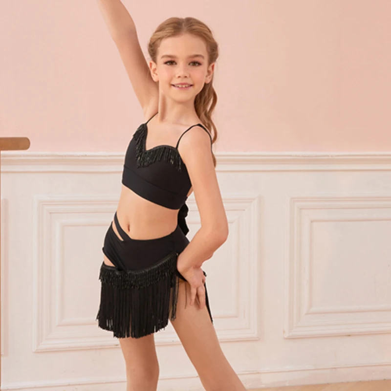 ZYM Child Latin Dance Competition Costume For Girls Backless Top Fringed Skirt Kids Samba Chacha Latin Dance CLothing DQS20016