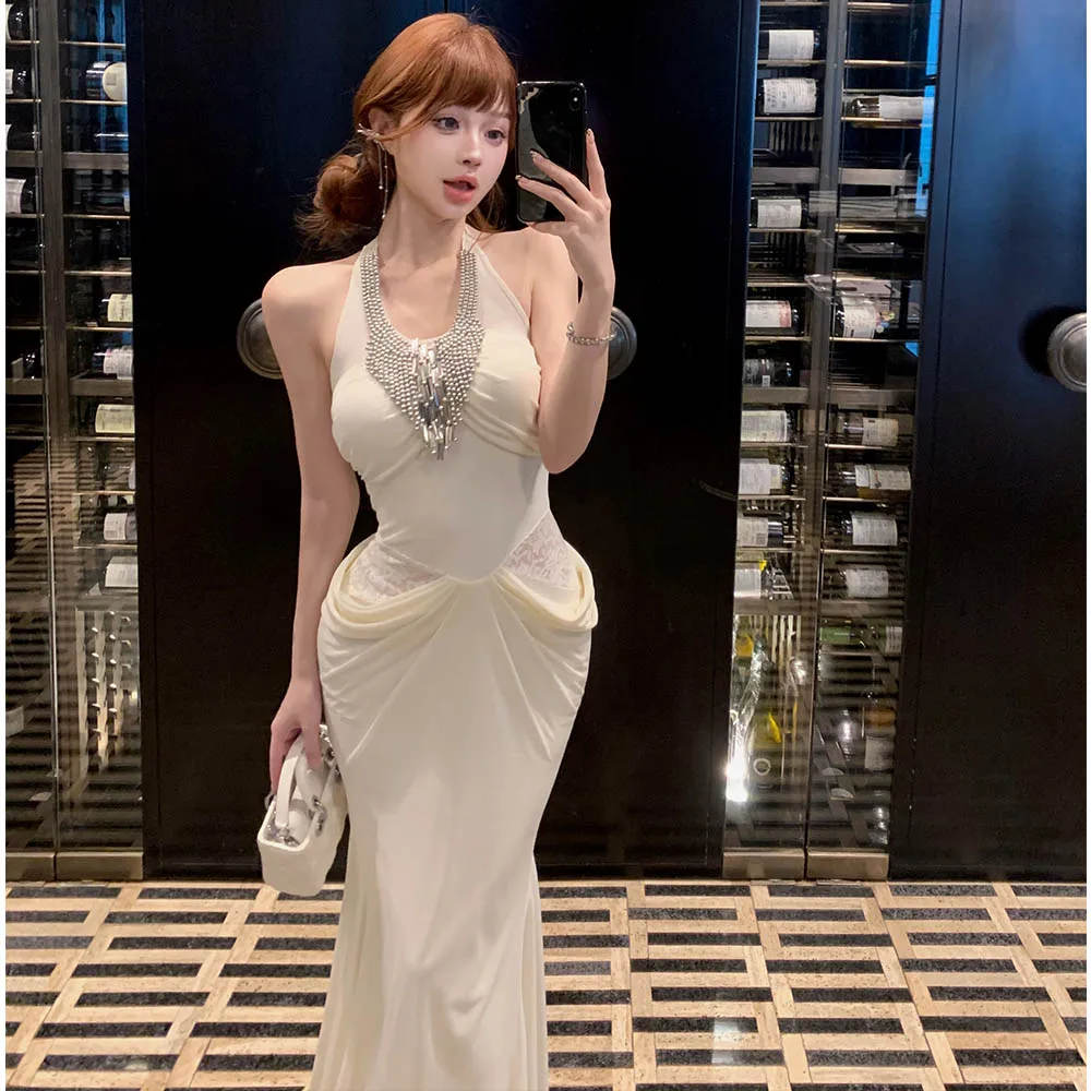 Beige Maxiชุดผู้หญิงElegant Beading HalterชุดยาวแขนกุดBodycon Evening Partyวันเกิดเสื้อผ้าLady Backless